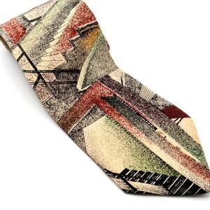 Vintage 90s Index Tan 100% Silk Bauhaus Architectural Staircase Necktie
